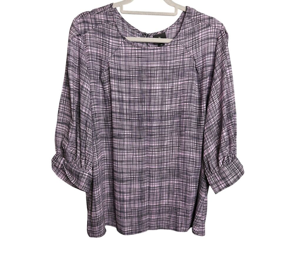 Worthington Women’s XL Purple Black Plaid Blouse Long Sleeve Top Work Career